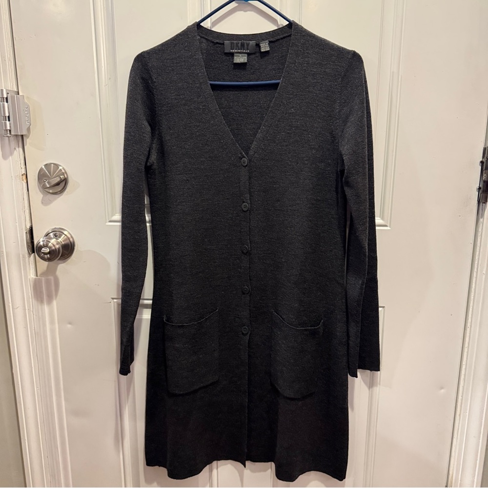 DKNY Essentials 100% Wool Long Sleeve Cardigan V Neck Sweater Dress Duster Butto